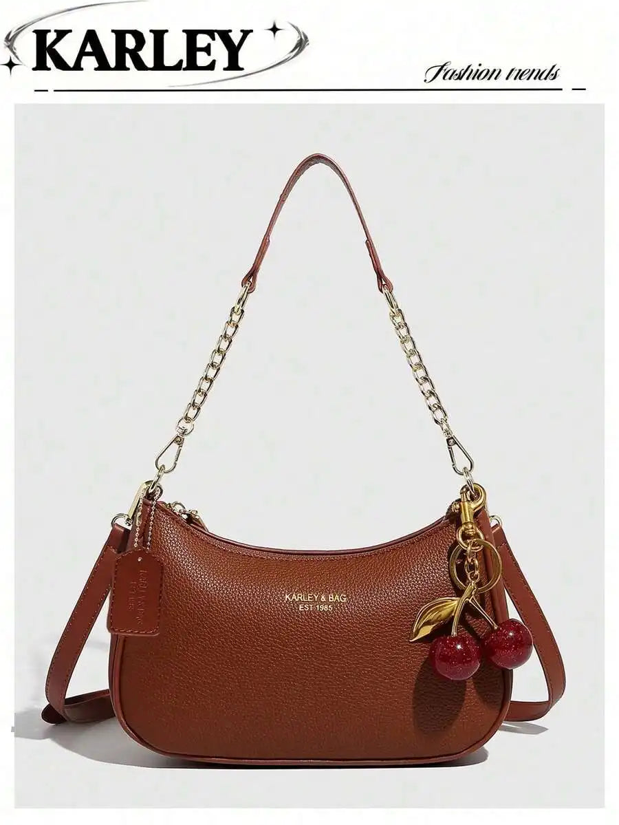 2025 New Fashion Crescent PU Leather Shoulder Bag with Cherry Charm, Crossbody or Underarm Wear