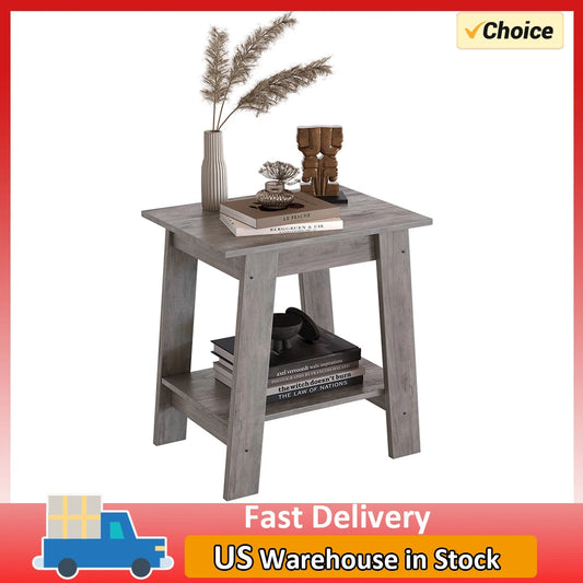 2-Tier End Table Storage Shelf Sofa Side Table for Small Space Square Nightstand for Entryway Farmhouse Living Room