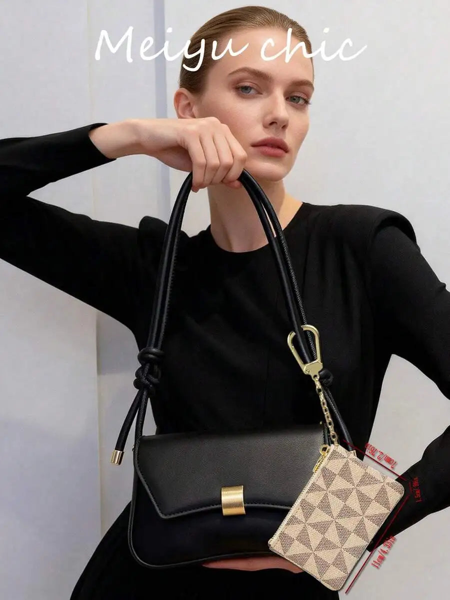 Minimalist Black PU Crossbody Bag with Gold Buckle and Knotted Strap