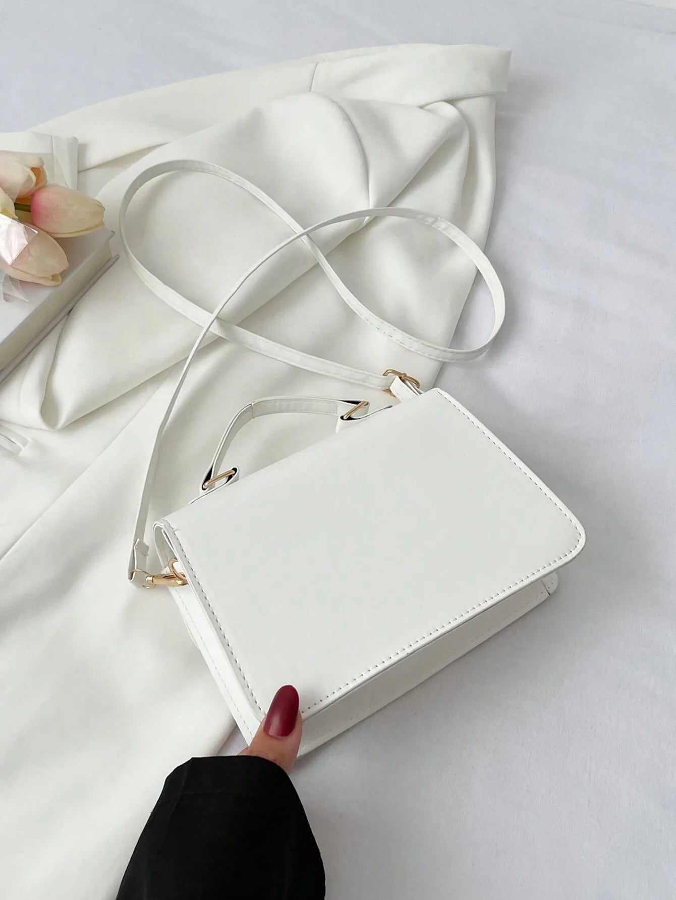 White PU Leather Quilted Flap Crossbody Bag with Butterfly Charm