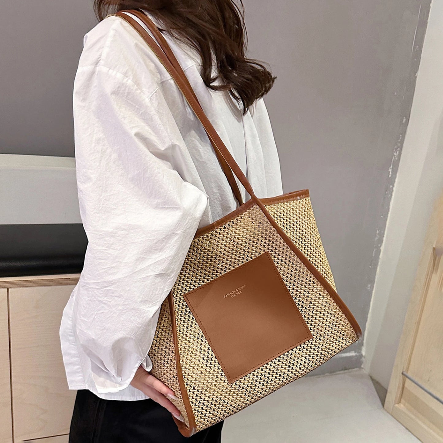 Women s Boho Style Straw Tote Bag with Patchwork Design and Spacious Interior Perfect for Beach or Everyday Use