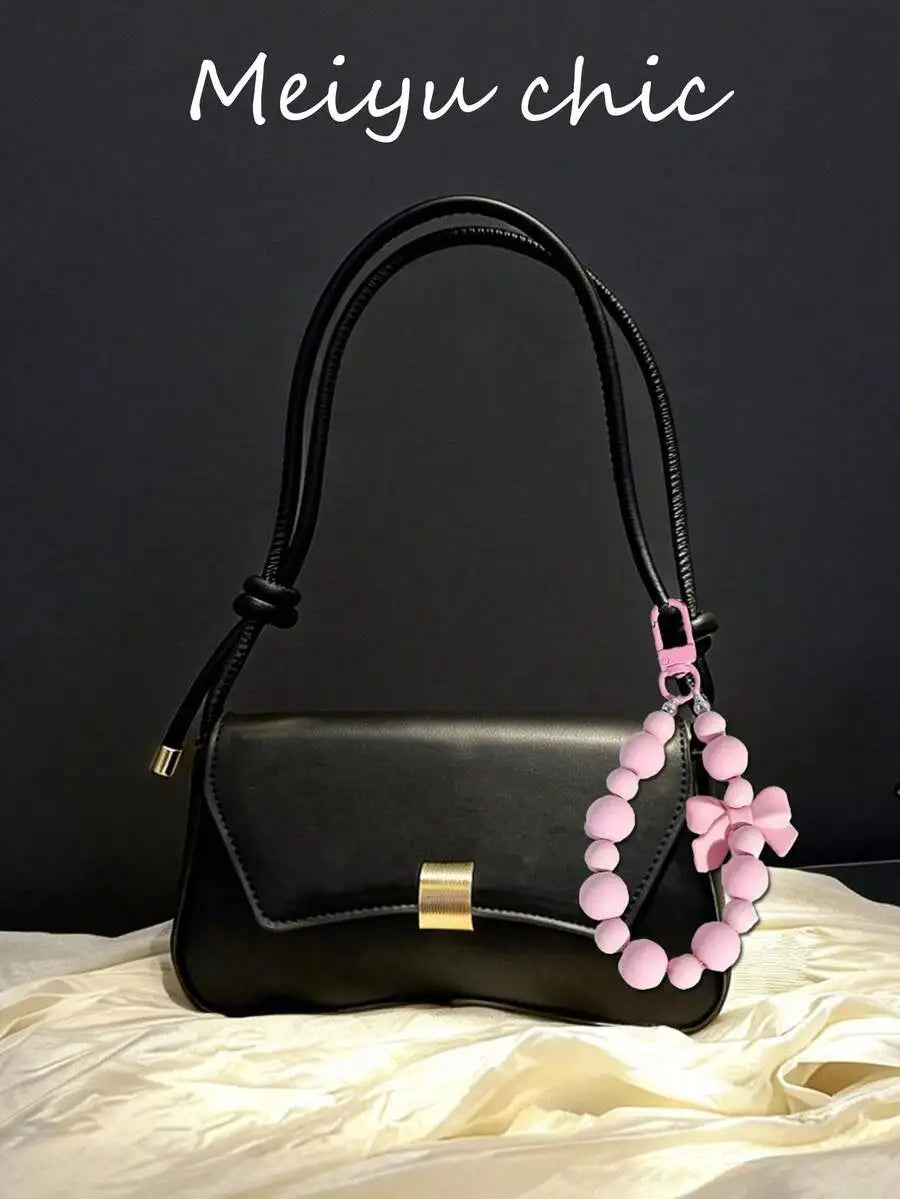 Minimalist Black PU Crossbody Bag with Gold Buckle and Knotted Strap