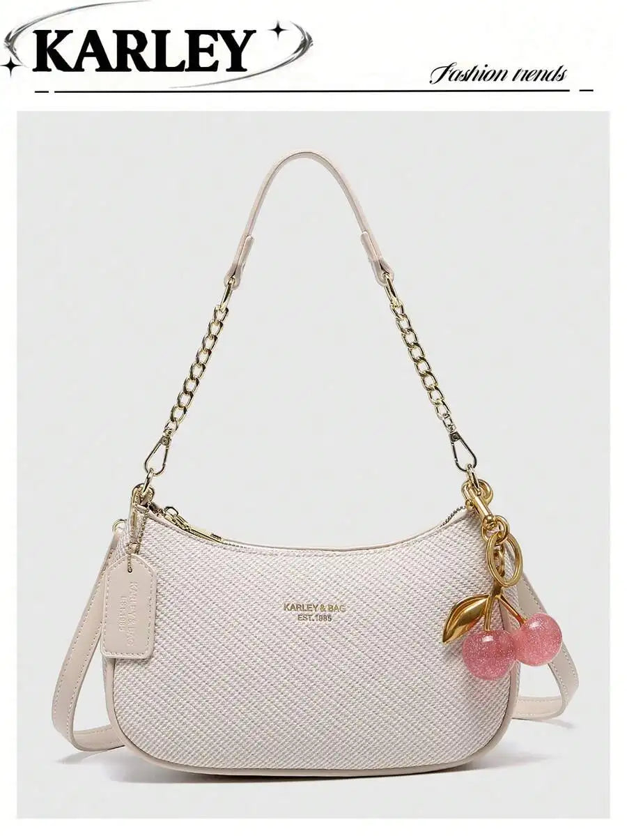2025 New Fashion Crescent PU Leather Shoulder Bag with Cherry Charm, Crossbody or Underarm Wear